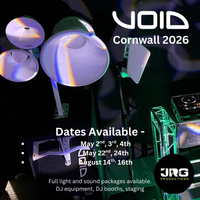 ✨ Something BIG is landing in Cornwall for 2026 ✨

Introducing Void Acoustics — the final word in immersive sound experiences.

📍 Cornwall 2026
📅 Dates available:
• May 2nd, 3rd, 4th
• May 22nd, 24th
• August 14th, 16th

From stunning lighting setups to full DJ and staging packages, we’ve got everything you need to transform your event into something unforgettable.

🎧 Perfect for parties, festivals, weddings & more
🔊 Full light & sound packages available
🎛️ DJ equipment, booths & staging

⚡ Limited dates — secure yours now

#Voidacoustics #CornwallEvents #EventProduction #DJSetup #LightingDesign #UKEvents #JRGProductions #PartyVibes #EventLighting #lovedeluxx #orbitalgathering #thewateringhole